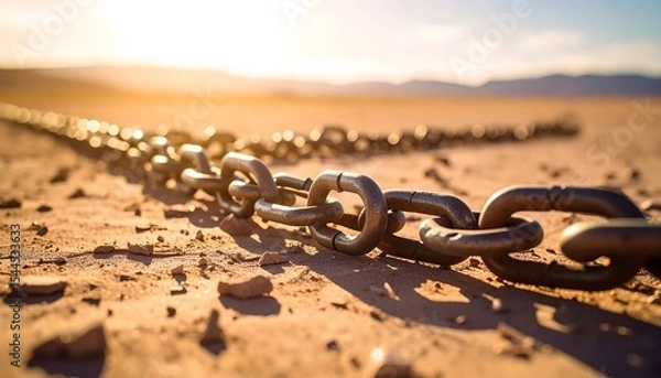 Fototapeta Desert Ground with Broken Chain Pieces Bathed in Subtle Sun Rays
