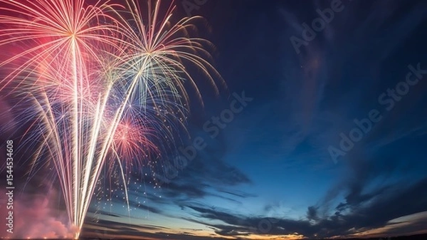 Obraz Red White and Blue Fireworks in Night Sky – 4th of July Independence Day Background. Ai