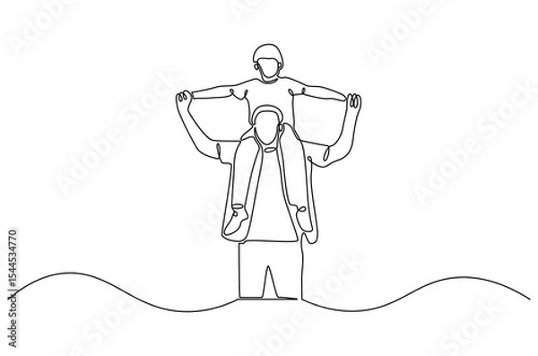 Obraz Continuous one line drawing of Father giving son ride on back. Single line drawing illustration of Father with daughter. Happy loving family concept vector art. Doodle line illustration.
