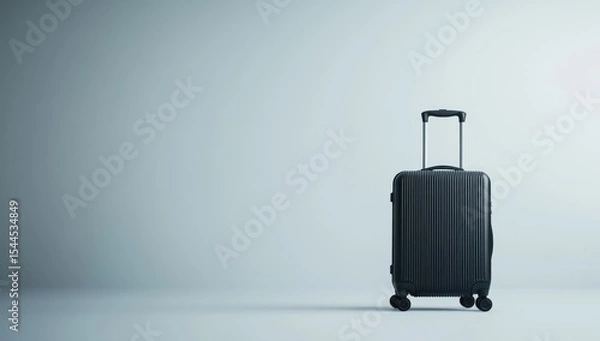Fototapeta Photo of a black suitcase on wheels, standing upright against a plain background. Web banner with copy space to the right