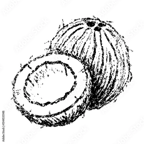 Obraz Sketch crayon exotic tropical nut coconut illustration. Hand drawn scribble doodle plant, vegan food, dessert and tasty product. Pencil texture vector design element for label, package, tag.