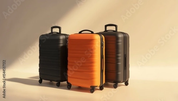Fototapeta Three suitcases of different sizes and colors, standing upright on wheels against a neutral background. The luggage is made from plastic with a matte finish, featuring horizontal stripes along the edg