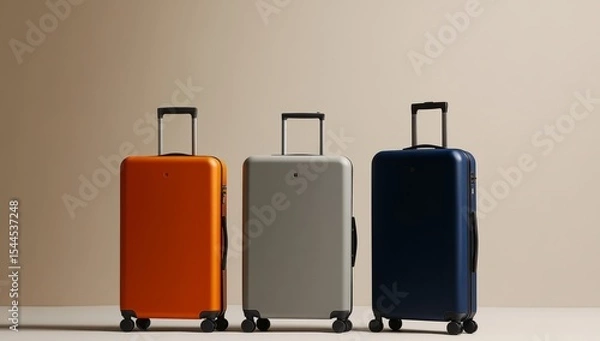 Fototapeta Three suitcases of different sizes and colors, standing upright on wheels against a neutral background. The luggage is made from plastic with a matte finish, featuring horizontal stripes along the edg