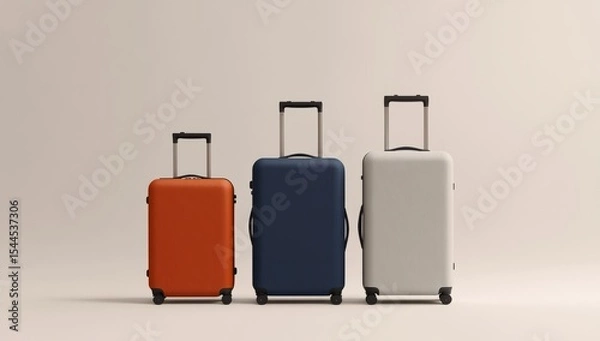 Fototapeta Three suitcases of different sizes and colors, standing upright on wheels against a neutral background. The luggage is made from plastic with a matte finish, featuring horizontal stripes along the edg