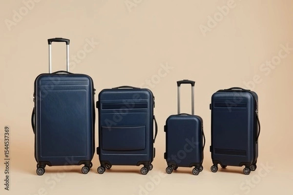 Fototapeta Three suitcases of different sizes and colors, standing upright on wheels against a neutral background. The luggage is made from plastic with a matte finish, featuring horizontal stripes along the edg