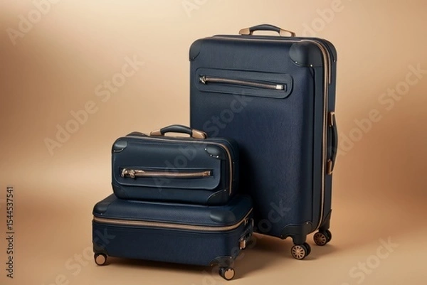 Fototapeta Three suitcases of different sizes and colors, standing upright on wheels against a neutral background. The luggage is made from plastic with a matte finish, featuring horizontal stripes along the edg