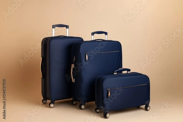 Fototapeta Three suitcases of different sizes and colors, standing upright on wheels against a neutral background. The luggage is made from plastic with a matte finish, featuring horizontal stripes along the edg