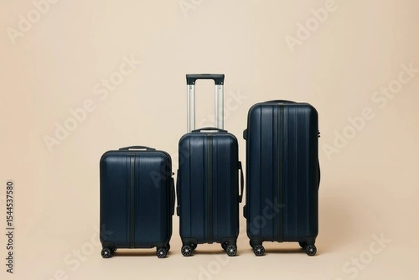Fototapeta Three suitcases of different sizes and colors, standing upright on wheels against a neutral background. The luggage is made from plastic with a matte finish, featuring horizontal stripes along the edg