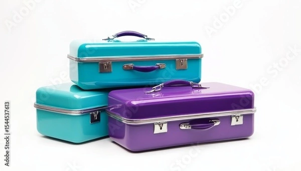 Fototapeta Three suitcases of different sizes and colors, standing upright on wheels against a neutral background. The luggage is made from plastic with a matte finish, featuring horizontal stripes along the edg