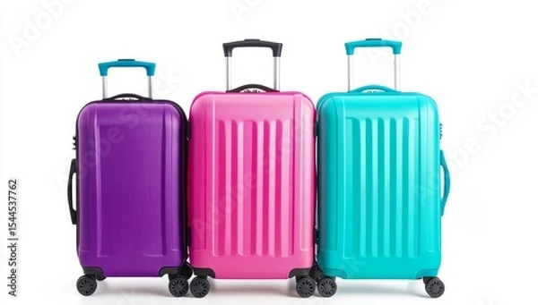 Fototapeta Three suitcases of different sizes and colors, standing upright on wheels against a neutral background. The luggage is made from plastic with a matte finish, featuring horizontal stripes along the edg