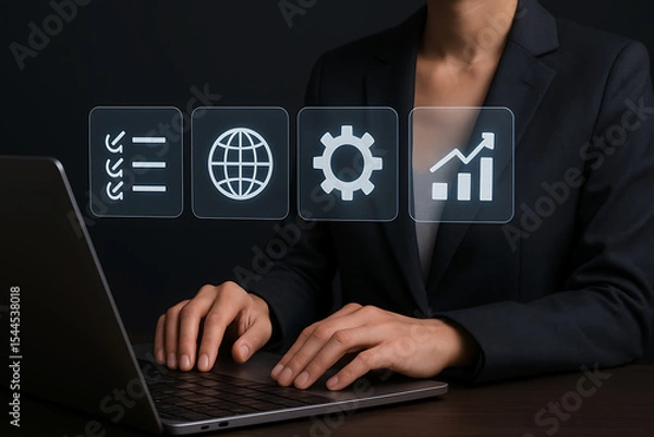 Obraz Professional overview of cloud system data via virtual screen on laptop