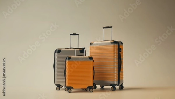 Fototapeta Three suitcases of different sizes and colors, standing upright on wheels against a neutral background. The luggage is made from plastic with a matte finish, featuring horizontal stripes along the edg