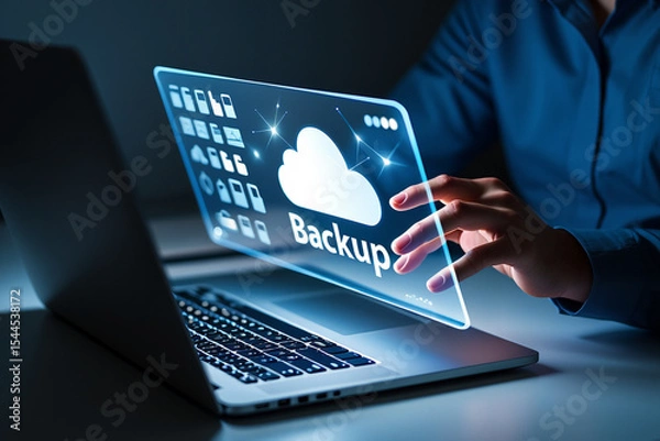 Fototapeta Person using laptop with cloud backup data security interface