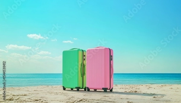 Fototapeta Two colorful suitcases standing next to each other on the beach, with a blue sky and sea in the background. One suitcase is pink, and the other is green.