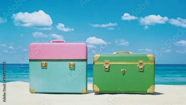 Fototapeta Two colorful suitcases standing next to each other on the beach, with a blue sky and sea in the background. One suitcase is pink, and the other is green.