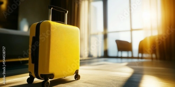 Fototapeta Yellow suitcase on wheels in a hotel room, sunlight streaming through the window, a travel concept with ample space for text. High-quality photograph. Unreal engine rendering