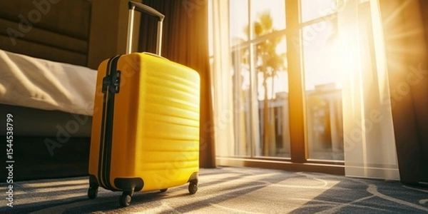 Fototapeta Yellow suitcase on wheels in a hotel room, sunlight streaming through the window, a travel concept with ample space for text. 