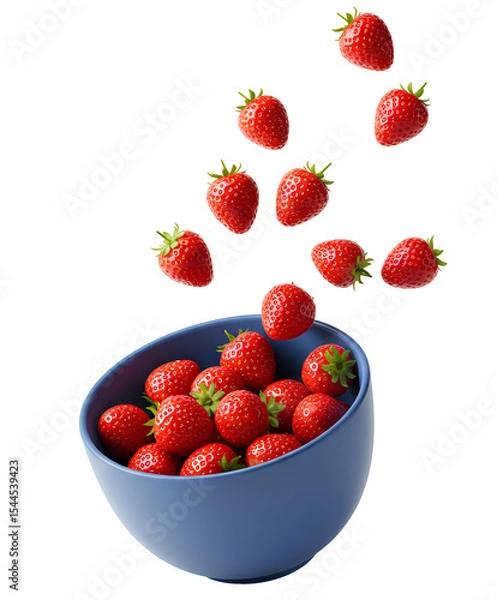 Fototapeta Bowl of strawberries PNG with fresh red strawberries falling into a blue ceramic bowl for healthy fruit visuals. Juicy strawberries dropping into blue bowl isolated for vegan food design, summer fruit