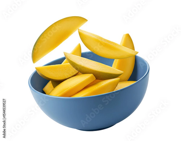Fototapeta Fresh mango slices falling into fruit bowl PNG for tropical food, smoothie, and summer snack visuals. Juicy mango chunks tumbling into bowl isolated for vegan recipe content, fruit salad designs
