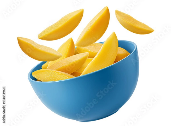 Fototapeta Bowl of ripe mango slices with falling fruit PNG for tropical dessert visuals and plant-based diet designs. Mango fruit pieces dropping into bowl PNG. Isolated PNG of mango chunks