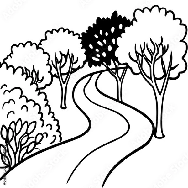 Fototapeta Curving Path Through Trees and Bushes – Linear Perspective Line Art