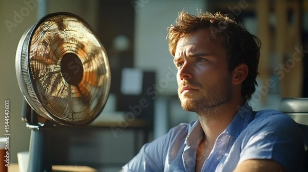 Obraz Man sweating in front of fan during hot weather
