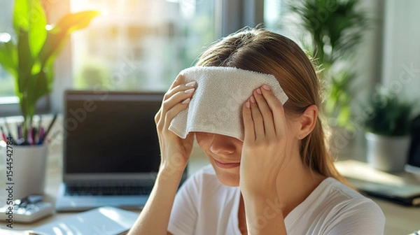Obraz A woman sitting at a desk in an office wipes sweat from her forehead with a cloth, indicating heat or stress.