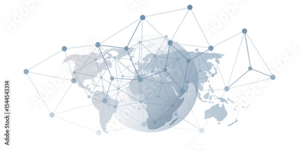 Fototapeta Abstract grey globe with 3d network points and lines connecting continents over a gray world map background. Modern concept for global communication, data transfer, internet and global technology.