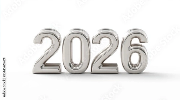 Fototapeta Modern 3D chrome numbers for the year 2026, isolated on a white background