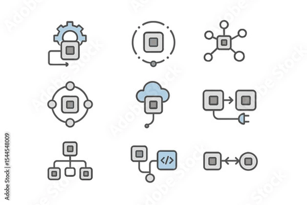 Fototapeta Technology icons set: networking, cloud, settings, programming concepts
