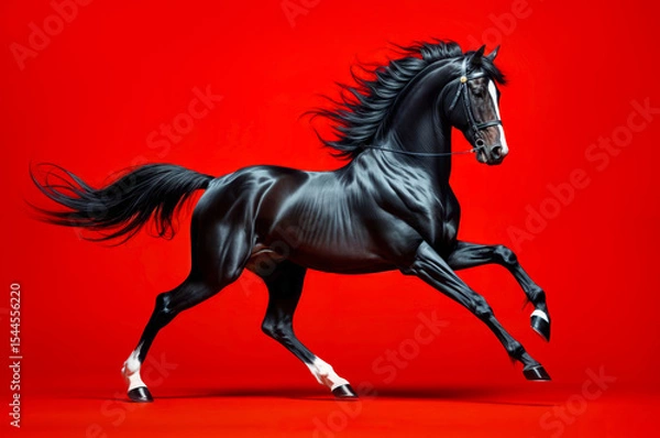 Fototapeta A powerful black horse runs energetically, showcasing its strength and elegance. The bold red background accentuates the horse's striking features and dynamic motion.