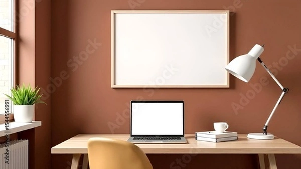 Fototapeta Stylish modern inrerior living room design, table, armchair, laptop with empty screen, white wooden frame for painting an wall mock up, green plant