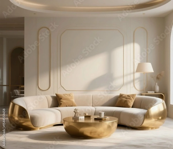 Fototapeta Generative ai rendering of modern living room interior, minimalist Art Deco style, gold accents, curved furniture, soft lighting, neutral color palette, 3D rendering, realistic shadows