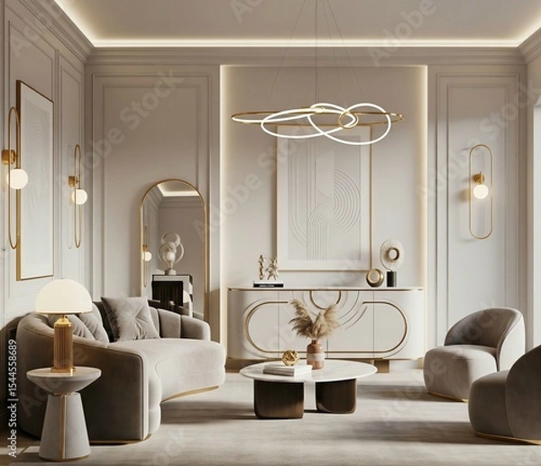 Fototapeta Generative ai rendering of modern living room interior, minimalist Art Deco style, gold accents, curved furniture, soft lighting, neutral color palette, 3D rendering, realistic shadows