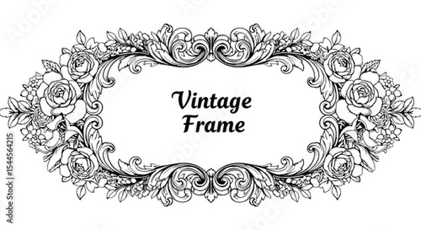 Obraz Vintage Frame with Flowers: An intricate vintage frame adorned with blooming roses and ornate floral details, evoking a sense of timeless beauty and classic elegance.