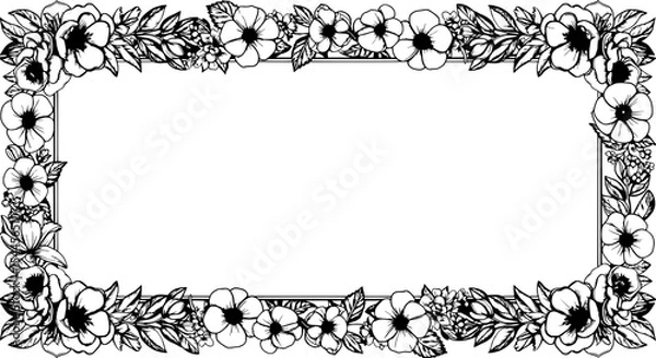 Obraz Floral Frame Border: Elegant black and white floral frame border, perfect for adding a touch of nature to your designs.  The intricate line art features delicate flowers and leaves.