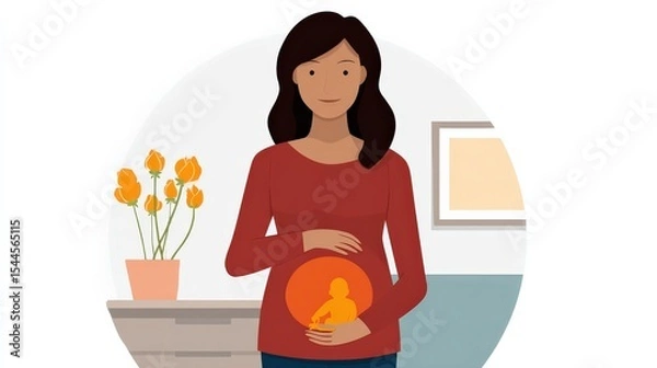 Fototapeta Illustration of a pregnant woman gently holding her belly with a visible fetus inside, standing in a cozy room with a flower pot and window.