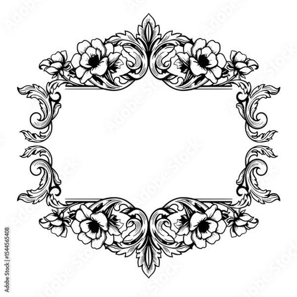 Obraz Elegant Floral Frame: A detailed monochrome illustration of an ornate floral frame, featuring delicate blossoms, intricate scrolls, and a central space perfect for text or an image.
