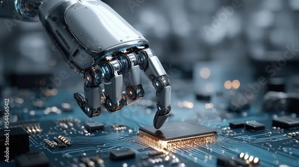 Fototapeta A robotic hand interacts with a glowing microchip on a circuit board, symbolizing advanced technology and artificial intelligence.