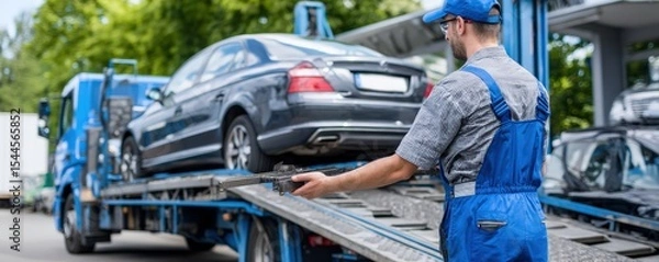 Fototapeta A worker secures a black car on a flatbed tow truck outdoors, preparing it for transport.