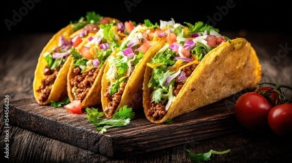 Fototapeta Four crispy tacos filled with seasoned meat, lettuce, tomatoes, onions, and cheese on a wooden board, garnished with fresh herbs and cherry tomatoes.