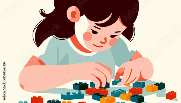 Fototapeta A child plays with colorful blocks at a table flat design illustration