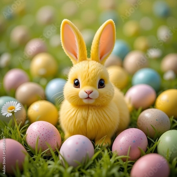 Fototapeta Yellow bunny surrounded by pastel easter eggs on green grass