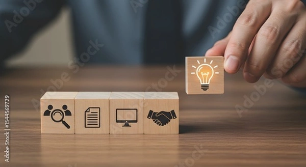 Fototapeta the key stages of the design thinking process, a solution-focused, problem-solving methodology used for innovation and strategic development. Design Thinking Process concept. Wooden blocks with icons