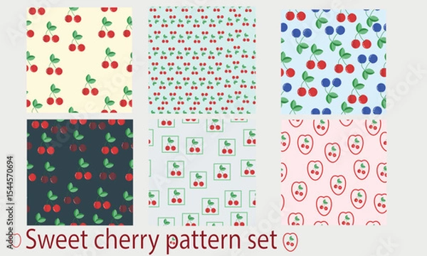 Fototapeta Stylized cherry pattern set with red and blue cherries on soft backgrounds. Perfect for kids’ products, packaging, textiles, scrapbooking, and cheerful summer designs