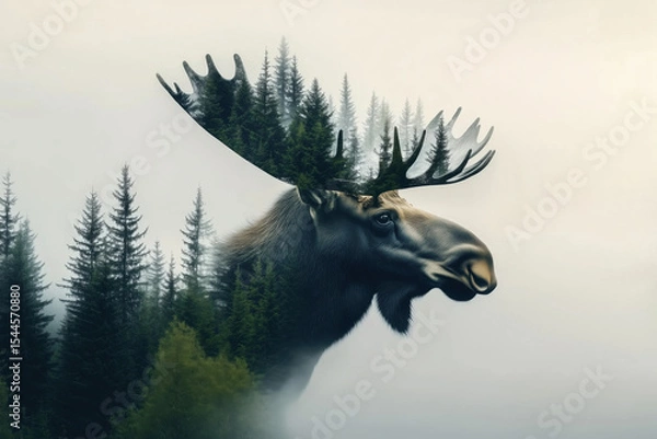 Obraz unity of nature, double exposure of elk and forest on white background, environmental protection concept