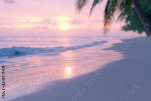 Obraz morning ocean tropical beach with palm trees, partly blurred background