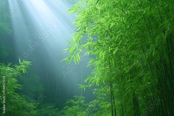 Obraz misty bamboo forest with sun rays