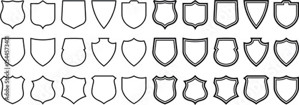 Fototapeta Collection of diverse shield shapes and badges in minimalist outline style over white background