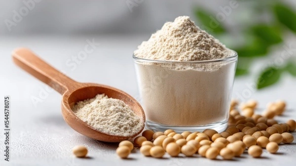 Obraz Soy-based protein powder as a plant-powered nutrition choice. Soy protein powder as a substitute for dairy consumption. An alternative source of protein.